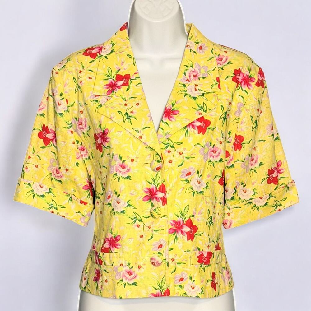 Vintage 80s Judy Hornby Yellow Floral Cottagecore Blouse Top Linen Cotton Size 6